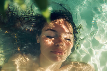 A woman free diving in an underwater cave, with rays of light filtering through the water's surface.