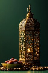 Ornate gold lantern with dates, Ramadan, dark green backdrop