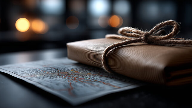 Vintage Style Package with Map in Atmospheric Lighting