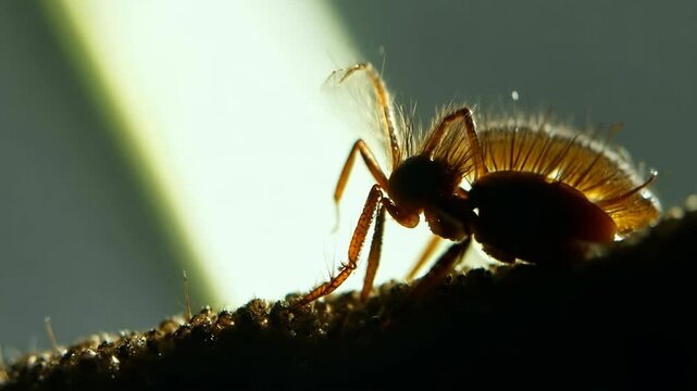 Microscopic Encounter: Close-Up View of a Minute Insect with Dramatic Backlighting Effect