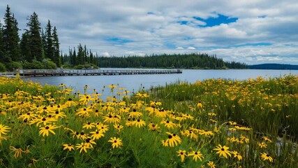 Vibrant Yellow Flower Field with Serene Lake and Dense Forest Backdrop Showcasing Natural Beauty