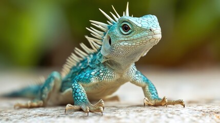 Fototapeta premium majestic blue iguana portrait showcasing intricate scales and spiky dorsal crest against a soft focus natural background highlighting its beauty