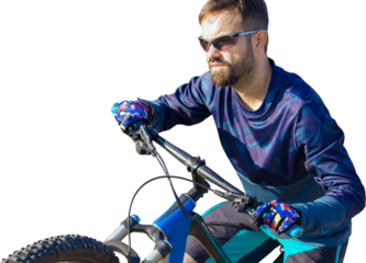 Cyclist in shorts and jersey on a modern carbon hardtail bike with an air suspension fork
