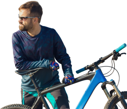 Cyclist in shorts and jersey on a modern carbon hardtail bike with an air suspension fork