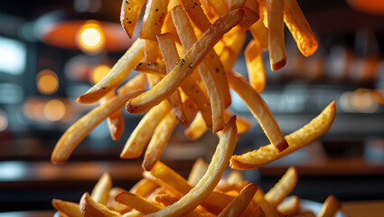 Golden Crispy Fries Falling in Warm Light