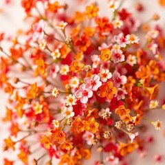 High-resolution stock image a close-up shot of a ditsy floral print, small orange, red and pink flowers on white, spring bouquet style. Professional, commercial quality
