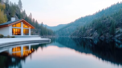 Fototapeta premium Lakeside cabin at dawn