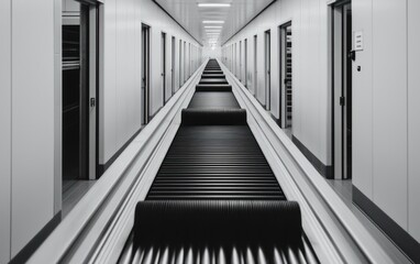 Long Industrial Hallway with Conveyor Belt