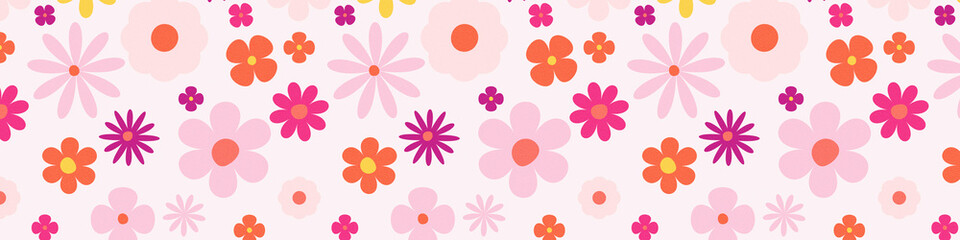 Seamless pattern with pink, orange, and purple flowers in retro style. Cheerful floral design on a light background. Perfect for textiles, wrapping paper, wallpaper, bedding, or kids' product design