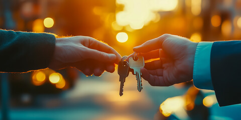 Two hands exchanging keys during a sunset street scene