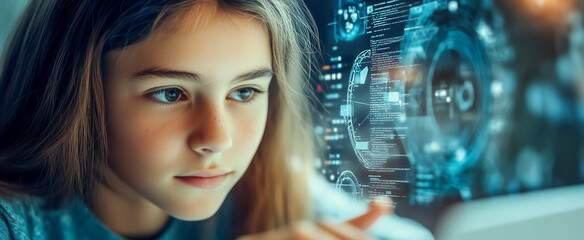 Young girl engaging with futuristic digital interface technology