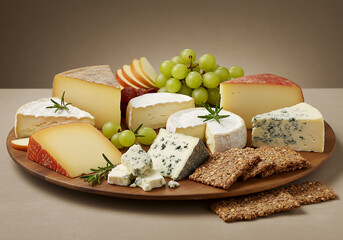 Assorted Cheese Platter Gourmet Cheese Selection with Grapes, Apples, and Crackers - Food Photography.