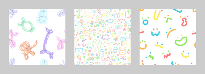 Childish backgrounds set. Seamless patterns with animals, balloons, doodles, faces. Crayon kid doodle set patterns. Scribble kids background. Pretty pastel prints for scrap design. Good for baby cover