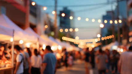 Blurred street fair scene with people, food stalls, and string lights at dusk creating a bokeh effect