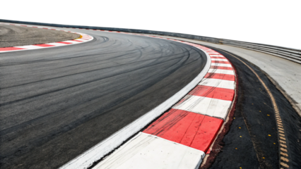 Race track featuring a dramatic sharp curve with visible tire skid marks isolated on white background. Suitable for marketing or business purposes. PNG file