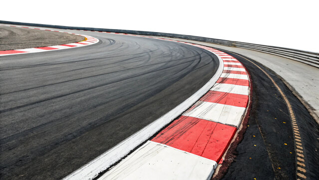 Race track featuring a dramatic sharp curve with visible tire skid marks isolated on white background. Suitable for marketing or business purposes. PNG file