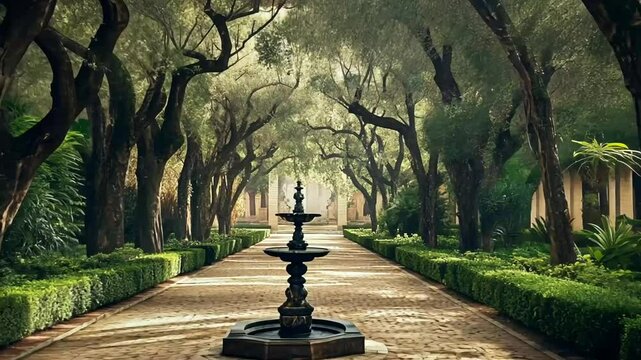 Garden path fountain, trees, morning mist, tranquil estate