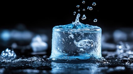Icy sphere in motion, water droplets, dark background