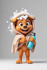 Cute cartoon dog wrapped in a towel holding a blue shampoo bottle with bubbles floating around in a playful setting Generative AI