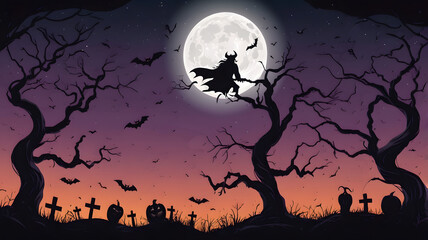 Fototapeta premium Halloween horizontal banner with vector logo. The inscription with ominous tree branches, bats a horror witch and devils on a background of the full moon.