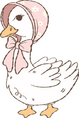 Cute Spring Silly Goose with Retro Pink Bow Hand Drawn Cartoon Farm Animal 