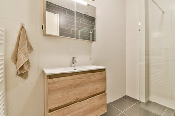 A sleek and contemporary bathroom featuring minimalist cabinetry, stylish fixtures, and an elegant shower space that emphasizes functionality and aesthetics.