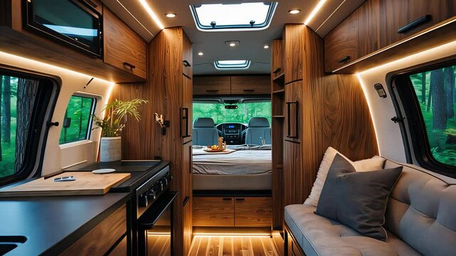 Cozy and modern interior of a camper van with wooden finishes, fully equipped kitchen, and a comfortable sleeping area, surrounded by nature.

