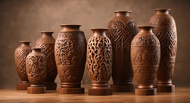 Eight intricately carved wooden vases stand in a row on a wooden base 4K