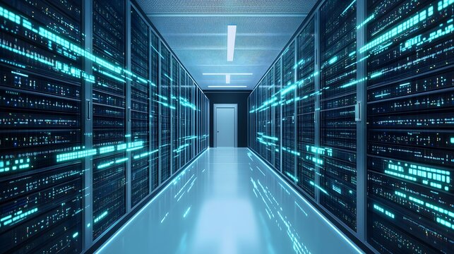 Data Center's Luminous Corridor: A futuristic and cinematic perspective of a server room showcases a dazzling array of technology, with endless rows of servers illuminated.