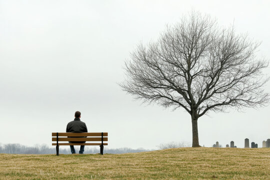 A lone man sits quietly on a sleek bench, surrounded by the somber landscape of a cemetery. The leafless tree and sparse tombstones accentuate the atmosphere of solitude and reflection.