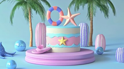 Colorful summer cake decoration beach theme digital art vibrant environment 3d viewpoint