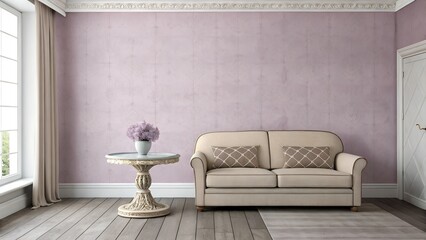 simple plain mauve wallpaper with sofa and one decoration piece