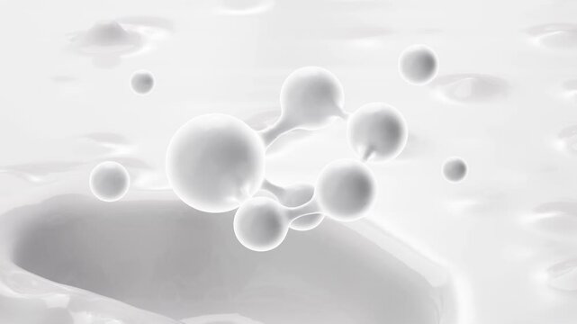 White molecule with white liquid background, milk and nutrient absorption, Milk powder etc background, 3d rendering.