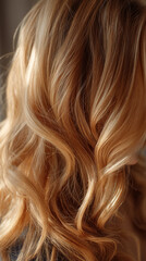 Close-up of light brown wavy hair texture, showcasing shine and softness, symbolizing beauty, health, and elegance for haircare or beauty concepts
