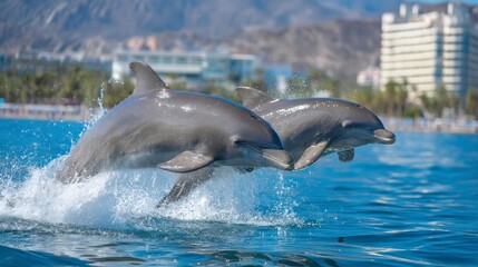 Obraz premium Dolphins Jumping Out of Water in Coastal City Landscape View