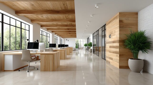 Scandinavian-inspired office interior with shared workstations, wooden accents, task chairs, and subtle lighting for creativity and focus