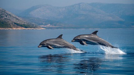 Fototapeta premium Dolphins Jumping From the Blue Sea with Mountains on Background