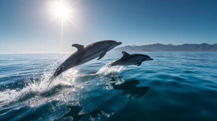 Fototapeta premium Dolphins Jumping Out of Ocean Water with Sparkling Sunlight Reflection