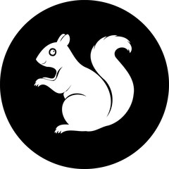 Stylized depiction of a squirrel in white against a solid black background