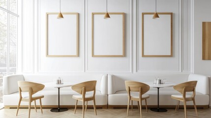 Modern cafe interior with empty frames, empty tables and chairs. Potential use stock photo for cafe design or restaurant concept