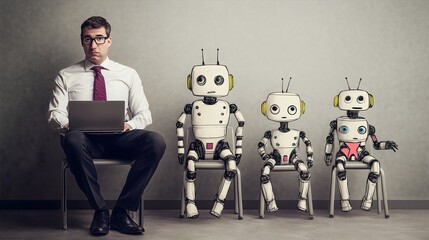 Human-Robot Interaction: A thoughtful man uses a laptop while three cute robots sit beside him, sparking curiosity about the merging of humanity and technology