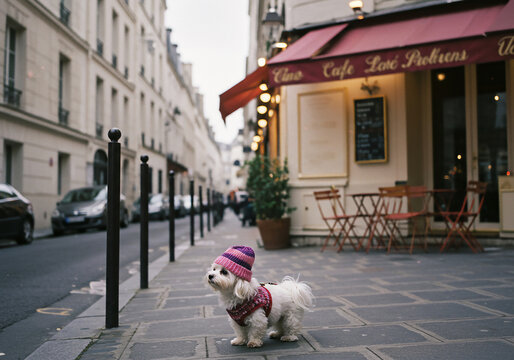 Fototapeta Adorable Maltese Dog in Paris Cafe, Street Scene, Architecture, City Life, Travel Photo.