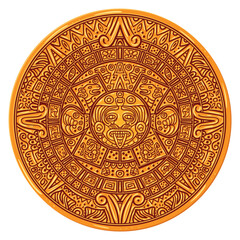 Mayan calendar. Maya civilization sun calendarium, aztec solar calendar inca round stone apocalypse 2012 astronomy mexican culture tribal symbol totem, swanky vector illustration