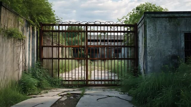 A rusted, old iron gate with vines growing on it, opening to an abandoned, overgrown building path, creating a haunting, forgotten scene.


