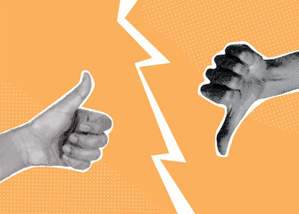 Halftone dislike. Realistic hand with thumbs up or down vintage paper collage abstract poster, social media like dislike gesture good bad ok feedback concept vector illustration