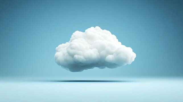 A single fluffy white cloud floating in a light blue studio setting with soft lighting and shadow