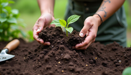 Hands planting green seedling in rich soil close-up outdoors