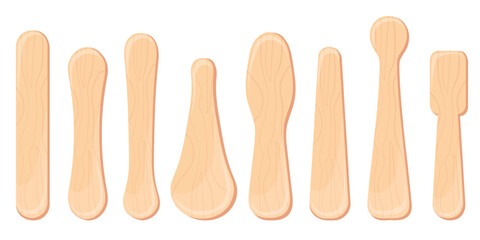 Wooden popsticks. Popsicle sticks, ice cream stick wood spatula lollipop tongue depressor, coffee spoon icecream eskimo bar summer frozen dessert cartoon neat vector illustration