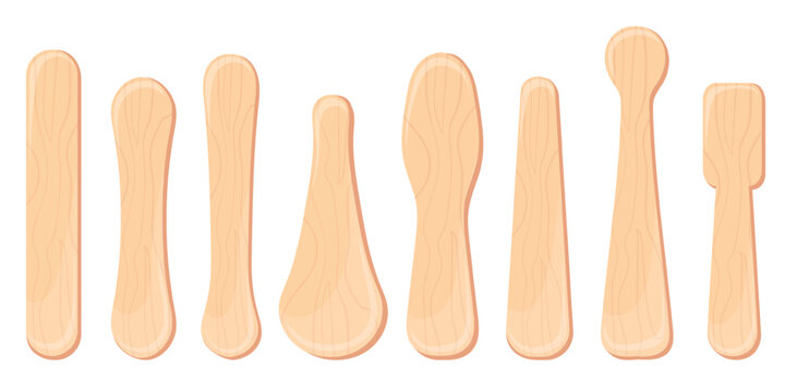 Wooden popsticks. Popsicle sticks, ice cream stick wood spatula lollipop tongue depressor, coffee spoon icecream eskimo bar summer frozen dessert cartoon neat vector illustration