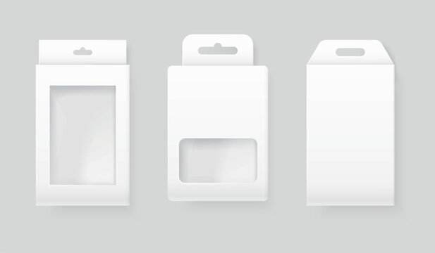 Realistic hanging packaging. Hang product package mockup, accessories packages cardboard box plastic windows with hole hanger retail showcase, realistic exact vector illustration